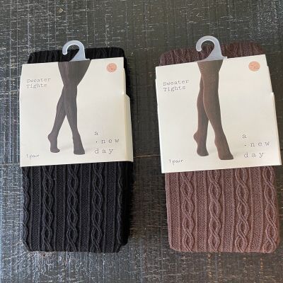 A New Day 2 Pairs Of Women's Cable Sweater Tights Ebony & Forrest L/XL