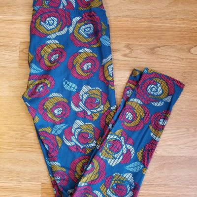 LuLaRoe Leggings OS Pixelated Disney style Roses Red Orange/Gold Deep Size 2-10