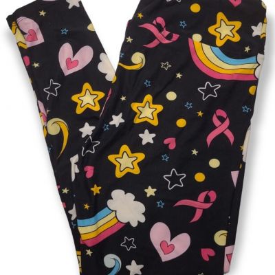 Lularoe Breast Cancer TC Leggings Bright Rainbow Ribbon Hearts Stars Black NWOT!