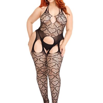 Leg Avenue Seamless Heart Net Suspender Bodystocking - 1x/2x  - Black