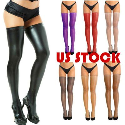 US Sexy Club Women Comfortable Thigh-high Stockings Wet Look Leather Long Socks