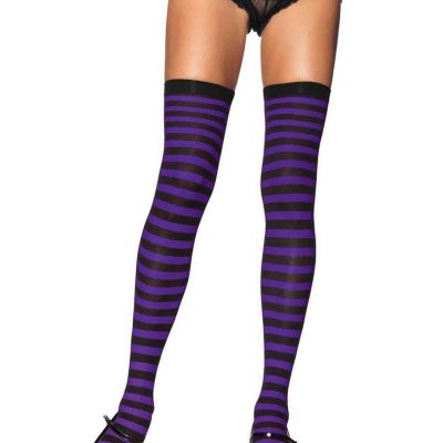 Leg Avenue 6005 Women's Black & Purple Striped Nylon Thigh High Socks - One Size