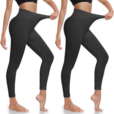 Workout Leggings for Women Tummy Control Ribbed Seamless Medium, Black