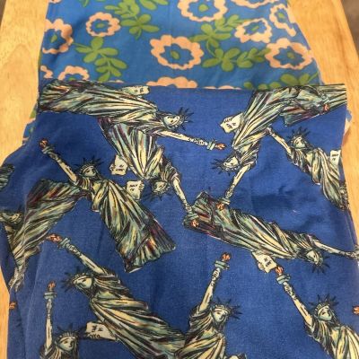 LuLaRoe TC Leggings Bright Blue Lot Statue Of Liberty & Peach & Green Flowers