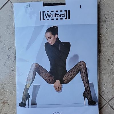 New - Wolford Rose Tights Pantyhose Size Large - Black 19075