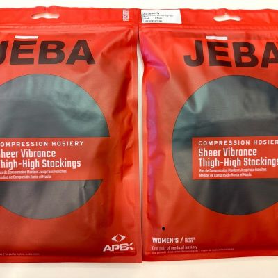 2 Pair JEBA Compression Hosiery Sheer Vibrancy Thigh High Stockings, Black, Lrg