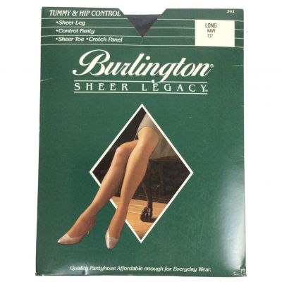 Burlington Sheer Legacy Pantyhose Sz Long Navy Blue Tummy Hip Control Sandalfoot