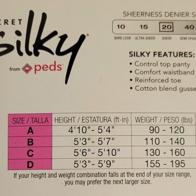 Secret Silky By Peds Control Top Silky Sheer Pantyhose in Jet Black Size B 10408