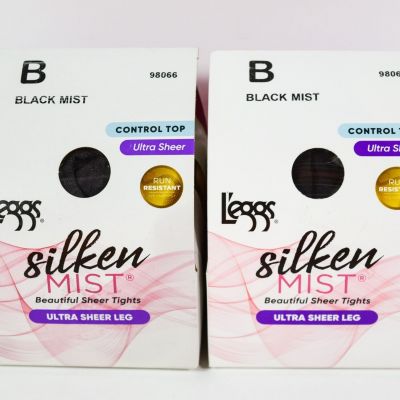 2 L'eggs Silken Mist Ultra Sheer Leg Control Top Pantyhose BLACK MIST Size B