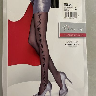 Fiore Malana Patterned Tights Sheer Black Metallic 176-187lbs Height 5’4-5’7 20D