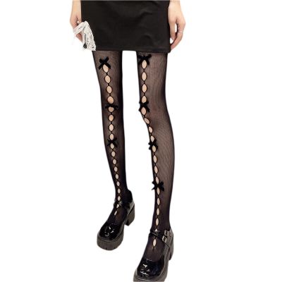 2PK New Women Fall See-through Pantyhose with Bow Knot Decors, Hollow Out Tights