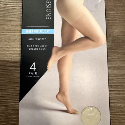 Silk Impressions Pantyhose High Waisted Flat Seams Sheer 20 Denier Beige XL 4pk