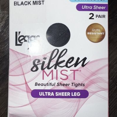 L'eggs Silken Mist 2 Pair Women's Tights Hose Black Mist Control Top Ultra ~ Q+