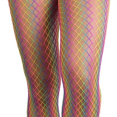 Women's Vibrant Rainbow Fishnet Tights - Dark Rainbow - One Size