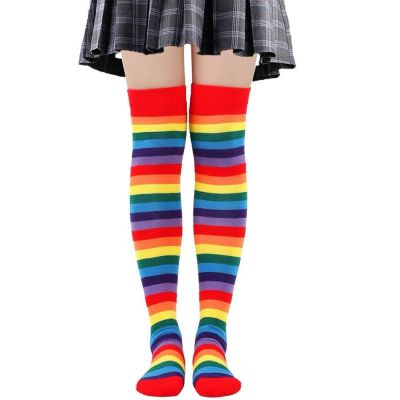 Rainbow Striped Thigh High Sock Stockings Women Over Knee Cosplay Costume/Xl