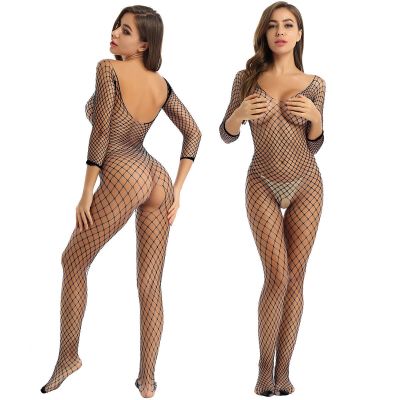 Women's Hollow Out Fishnet Long Sleeves Crotchless Lingerie Bodysuit Nightwear