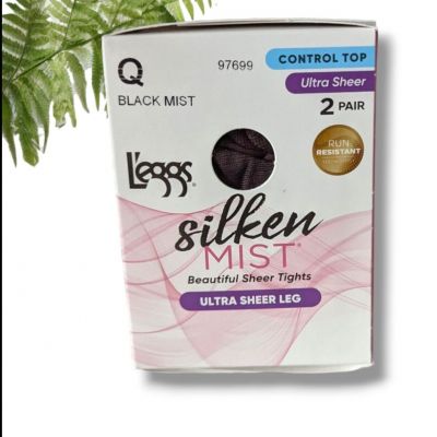 Leggs Silken Mist Control Top Ultra Sheer Tights Pantyhose 2 Pair Black Mist Q