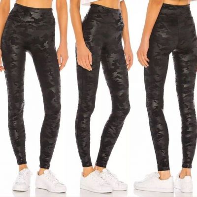 SPANX Black Camo Faux Leather Leggings Shape Wear Stretch Womens Large NWOT $114