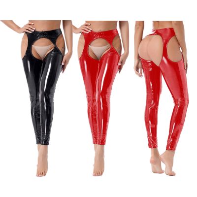 Women Shiny Leather Legging Open Crotch Butt Trousers High Waist Pants Plus Size