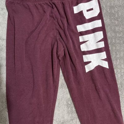 Victoria's Secret PINK Sweatpants Women Large Maroon Ankle Zip Pants W/ Logos