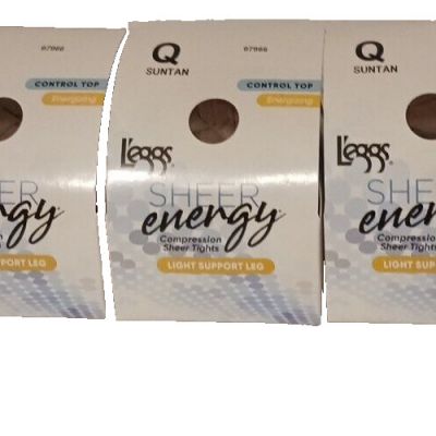 New Lot Of 3 Leggs Sheer Energy Control Top Compression Tights Suntan Size Q