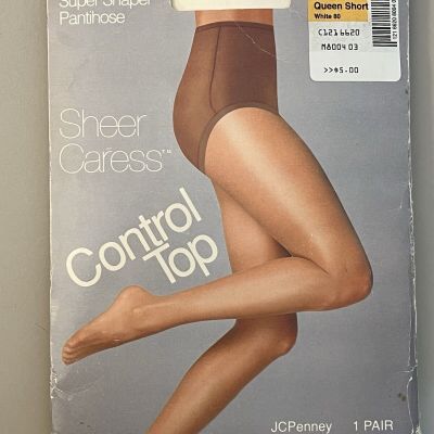 Vintage Sheer Caress Pantyhose Queen Short White 80