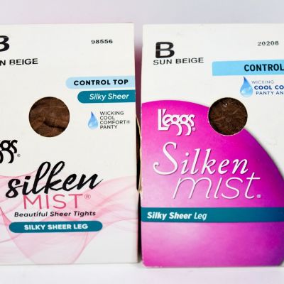 2 L'eggs Silken Mist Control Top Silky Sheerleg Run Resist Tights SUN BEIGE Sz B