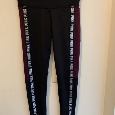 Victorias Secret PINK Logo Cozy Leggings Black Gray Pants Size XS Phone Pocket