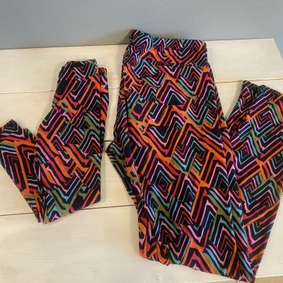 NEW Mommy and Me Lularoe Leggings Adult OS Kid S/M Navy Colorful LinesLot 2 Pair