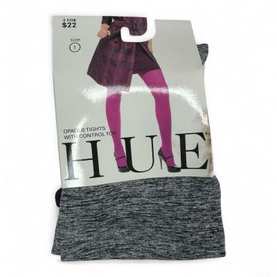 HUE Heather Gray Womens Opaque Tights with Purple Control Top Size 1 NEW