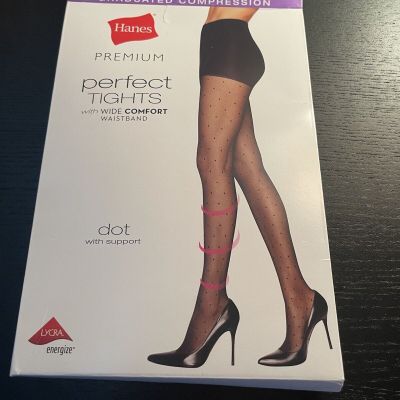 Hanes Premium Perfect Tights Dots  W/wide Comfort Band Black Small