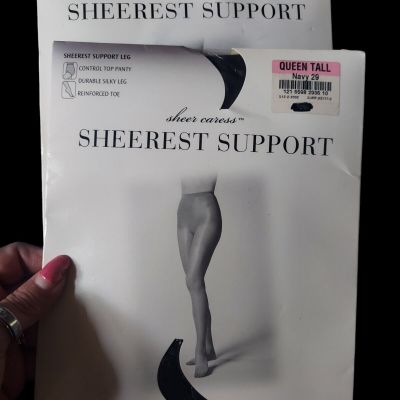 Lot of 2 Sheer Carress Sheerest Support Navy Queen Tall Pantyhose