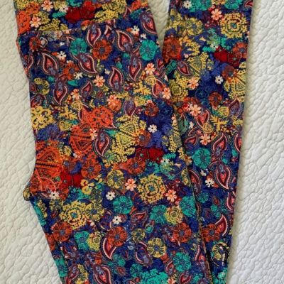 LuLaRoe Leggings OS Teal Orange Yellow White Paisley Floral Medallions Leggings