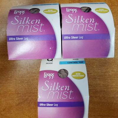 3 Pk: Leggs Silken Mist Control Top Ultra Sheer Leg Pantyhose Size Q NUDE AF1895