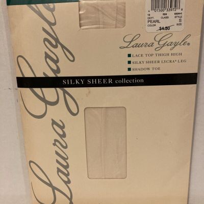 NOS Laura Gayle Premium Silky Sheer Lace Top Thigh High Stockings Pearl Size S