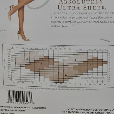 Hanes Absolutely Ultra Sheer Control Top Pantyhose Barely There Size D Style 707