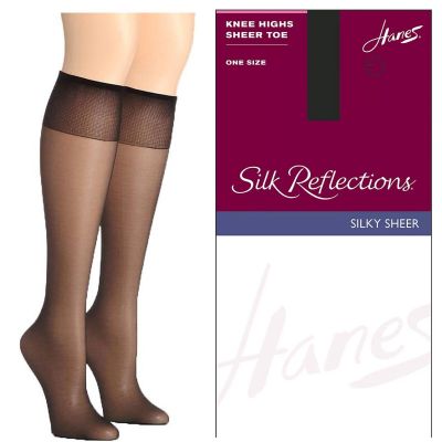 Hanes JET BLACK Silk Reflections SANDAL FOOT Sandalfoot Knee Highs (2 Pairs)