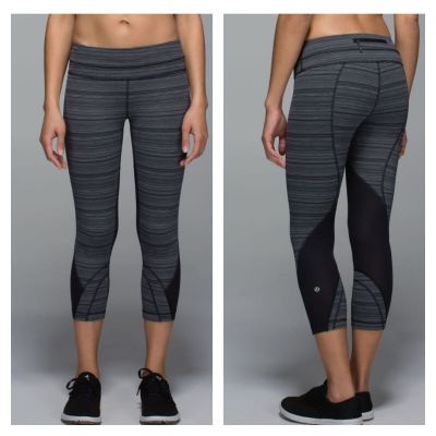 LULULEMON Run Inspire II Crop Athletic Leggings Sheer Mesh Gray Black Sz 4