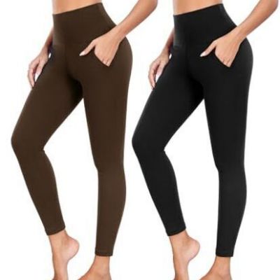 Leggings with Pockets for Women - Yoga Pants with Small-Medium Black/Brown