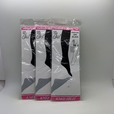 On The Go! Womens Knee Highs Tights Sz Queen Off Black Comfort Lot Of 3 NWOT