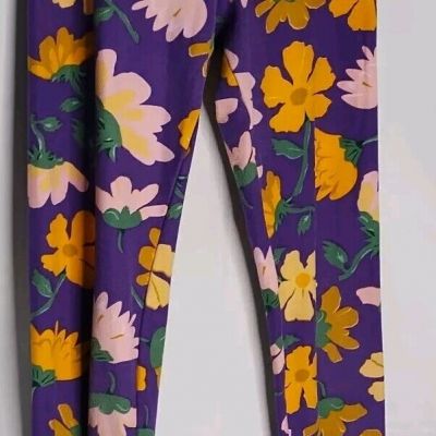 Lularoe Purple Leggings Yellow Flowers Print Stretchy Os