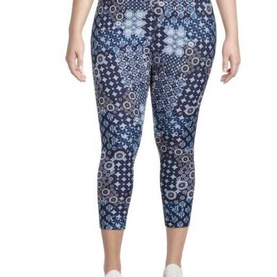 Terra & Sky Plus Size Tile Collage Blue Capris  2X (20W-22W) NWT