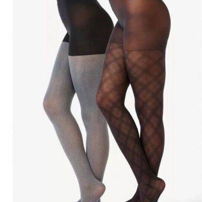 Joyspun Fashion Tights, 2-Pair, Black Shimmer and Opaque Plum, Size L, NWT