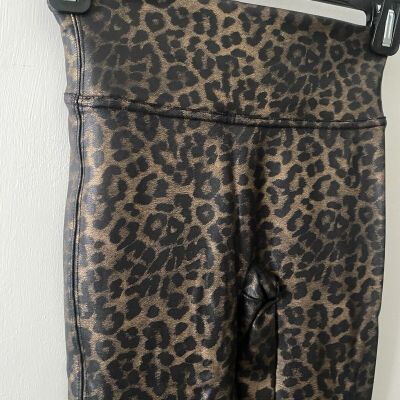 SPANX Faux Leather Shiny Leopard Print High Rise Compression Leggings Size XS