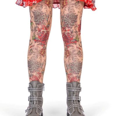 Wild Rose Ladies MUMS Tattoo Leggings Chrysanthemum Pink Flowers Tan Mesh