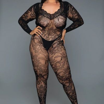 sexy BE WICKED sheer FLORAL lace LONG sleeve SCALLOPED plunging NET bodystocking