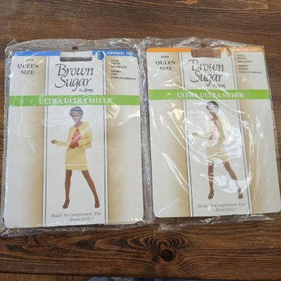 Brown Sugar Leggs Queen Size 2 Pair Control Top Coffee Regular Panty Bronze NOS