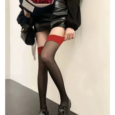 Thigh-high Stockings Over Knee Socks Black Red Top Band OSFM E Girl Harajuku New