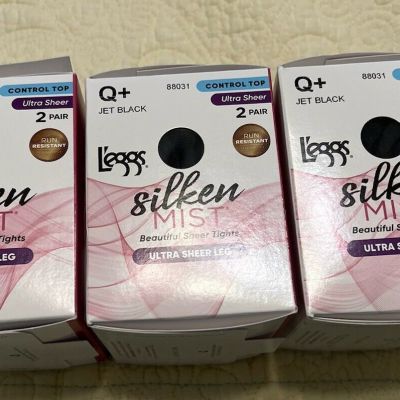 L’eggs Silken Mist Ultra Sheer Tights Jet Black Size Queen Plus 6 Pairs