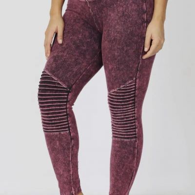 ZENANA Burgundy Workout Moto Leggings Mineral Washed Wide Waistband Plus Size 2X